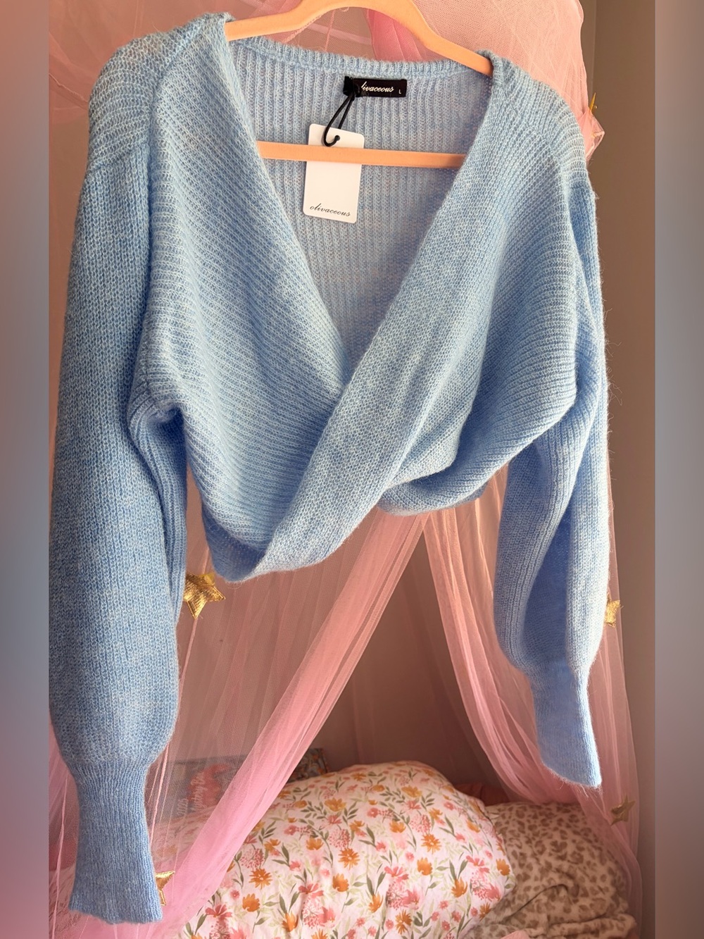 Olivaceous Baby Blue Twist Front Cropped Top | Large | NWT | Fuzzy Knit Crop - Picture 3 of 10